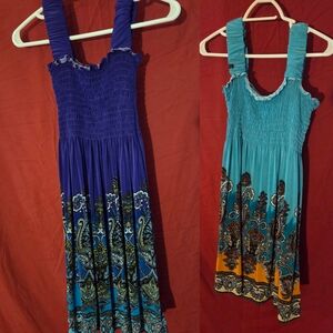 Boho Smocked Maxi Dress in Teal and Royal Blue